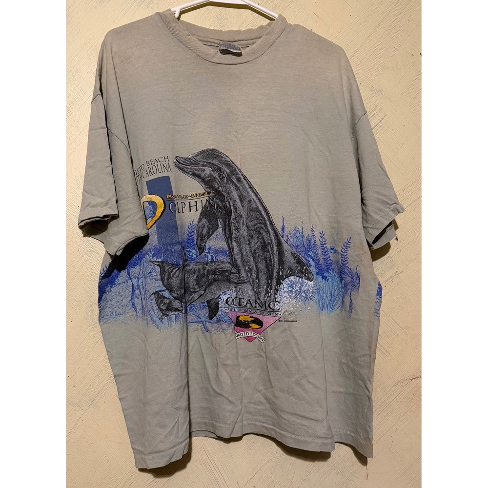 VTG 90s Distressed Hanes Beefy-T Oceanic Preservation Dolphin Shirt XXL SC